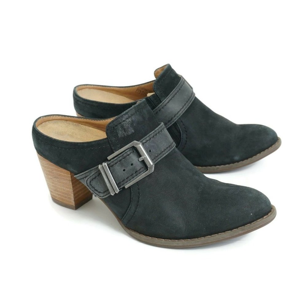 Vionic Womens Cheyenne Mules Block Heel Black Leather Buckle Size 7